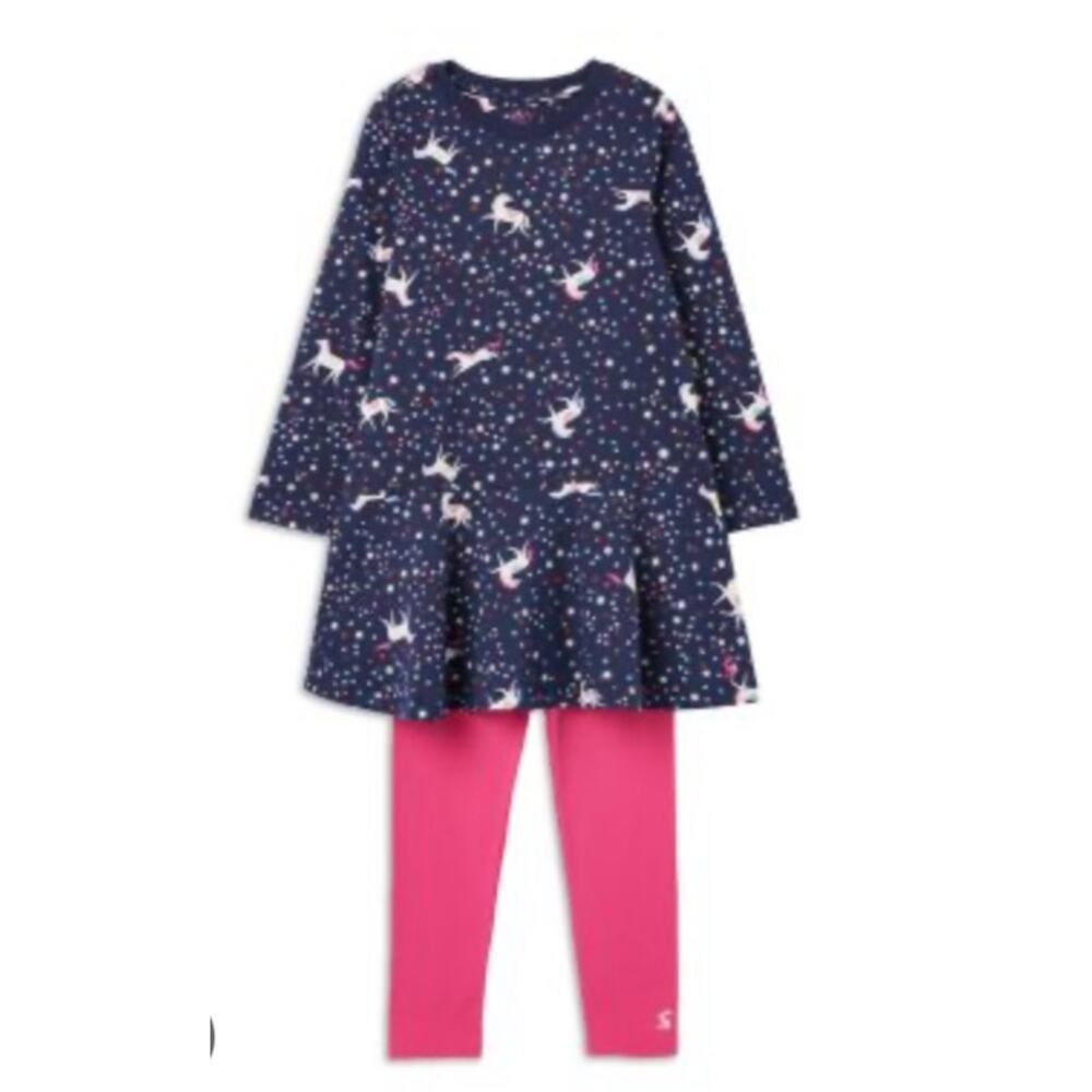 Joules Hampton unicorn and stars paperbag‎ dress and pink leggings set NWT